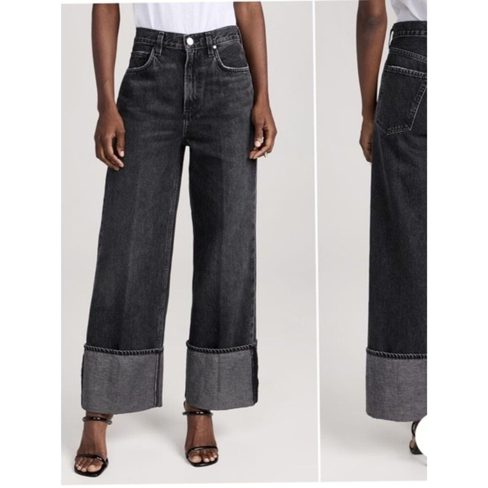 Goldsign Black Wide Leg Jeans Size 27 Big Cuff Hem Designer Denim High Rise
